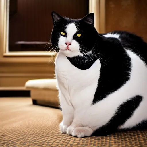 Image similar to photograph of a very fat and judgmental cat wearing a full tuxedo sitting in a dimly lit parlor lounge