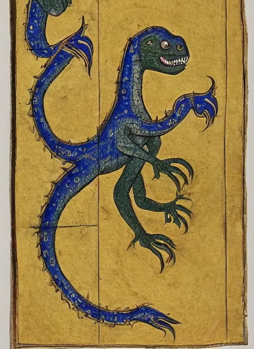 Prompt: a gilded page from an illuminated manuscript, depicting a dinosaur intertwined with the letter S, other dinosaurs along the bottom of the page, hand drawn, Master of Imola c. 1275, highly detailed