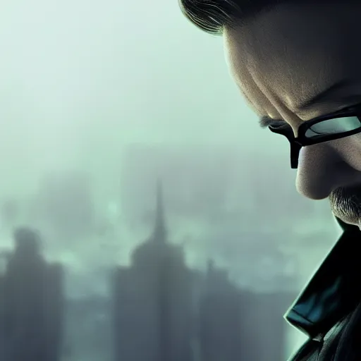 Image similar to closeup portrait of a ricky gervais as a hitman, the matrix, dramatic light, gorgeous view, depth, high detail, digital art, painted by greg rutkowski and seb mckinnon, by tim burton, trending on artstation