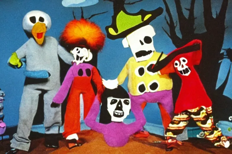 Prompt: a full color still from a weird 1 9 7 3 kids show about death, pirate puppets, fuzzy ghost