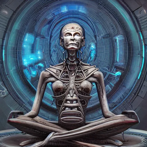 Prompt: an extraterrestrial meditating in a brutalist world, femmechanical predator, artstation, 4k, intricate, detailed, hyper realism