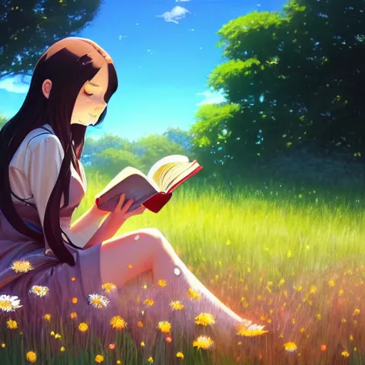 Image similar to a beautiful girl with long dark hair, sitting in a field of flowers, reading a book, sunny, daytime, sharp focus, intricate, digital painting, artstation, official media, anime key visual, highly detailed, rich vivid colors, ambient lighting, illustration, art by Artgerm, Makoto Shinkai, Ilya Kuvshinov, Lois Van Baarle, and Rossdraws