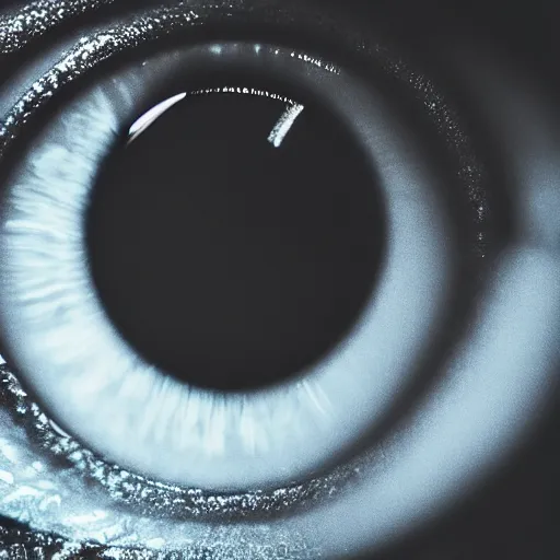 Image similar to a closeup portrait of the eye of the goddess of introspection, extreme chromatic aberration, anamorphic bokeh, long exposure photography, film, distortion, highly detailed, hyperrealism, cinematic