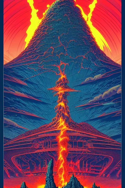 Image similar to artwork by kilian eng and dan mumford and toshi yoshida and franklin booth showing a futuristic powerstation!! in front of a ( ( exploding volcano ) ), vintage scifi, high details, dramatic lightning,, 8 k