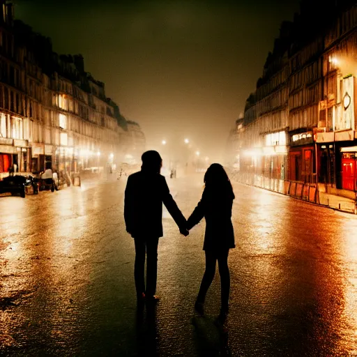 Image similar to street of paris photography, night, rain, mist, lovers holding hands, cinestill 8 0 0 t, in the style of william eggleston