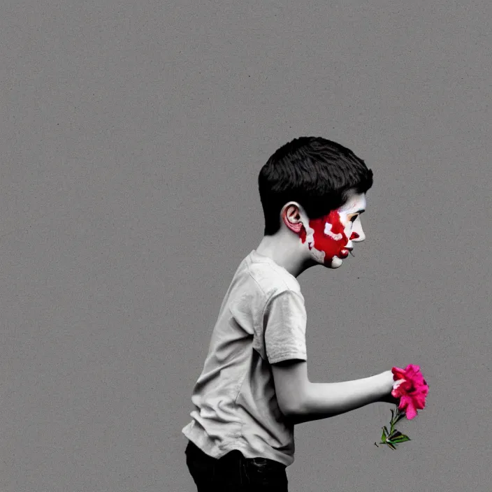 Image similar to a right side profile of a boy holding flowers in the style of Banksy, graffiti, digital art