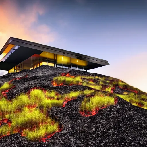 Prompt: modern house surrounded by lava, on top of a large mountain , hyper realistic, photo real, HD