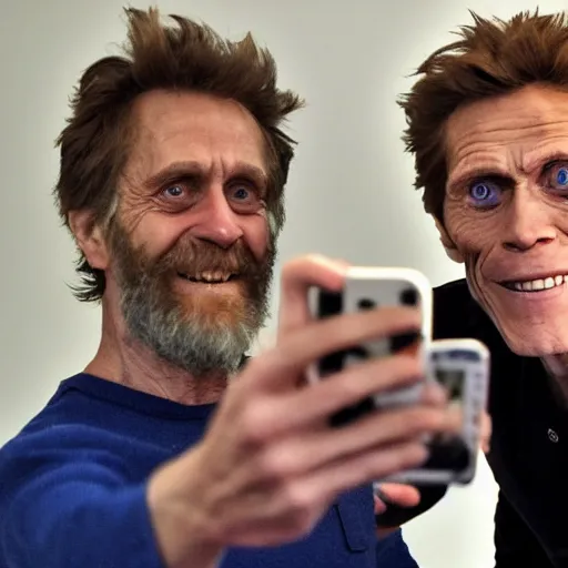 Image similar to Willem Dafoe and Jerma taking a selfie together