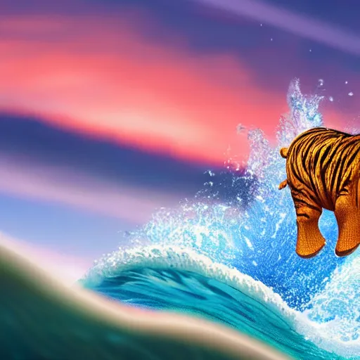 Image similar to a closeup photorealistic photograph of a cute smiling knitted tiger hippopotamus riding a wave at sunset. surf in background. professional capture. brightly lit scene. this 4 k hd image is trending on artstation, featured on behance, well - rendered, extra crisp, features intricate detail, epic composition and the style of unreal engine.