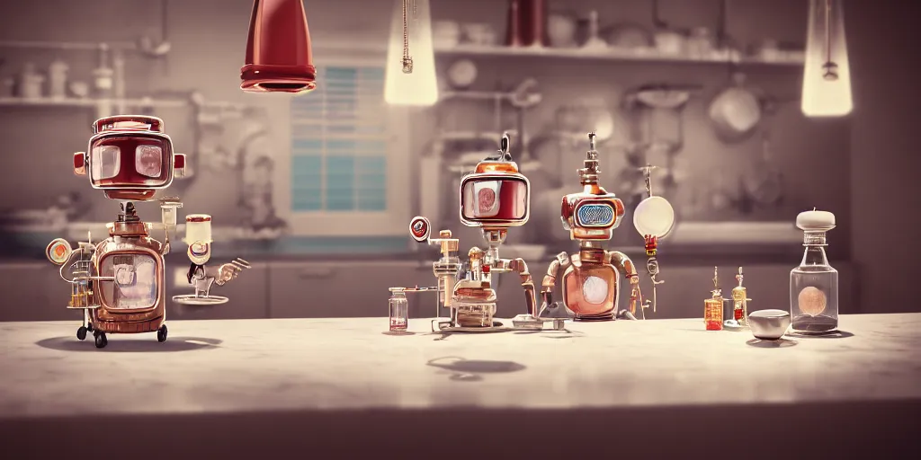 Prompt: closeup portrait of tin toy retro chemist robot cooking pastry cake in a kitchen, depth of field, zeiss lens, detailed, centered, fashion photoshoot, by nicoletta ceccoli, mark ryden, lostfish, breathtaking, 8 k resolution, extremely detailed, beautiful, establishing shot, artistic, hyperrealistic, octane render