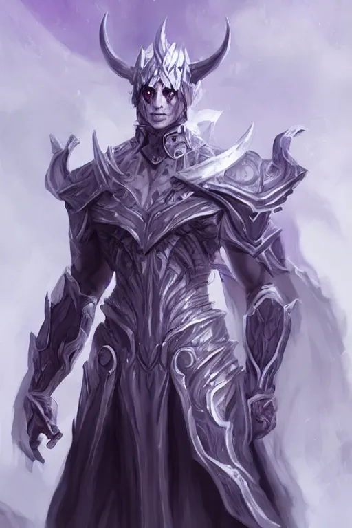 Prompt: man male demon, full body white purple cloak armor, character concept art, costume design, illustration, black eyes, white horns, trending on artstation, Artgerm , WLOP