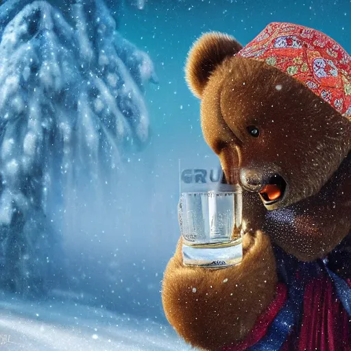 Prompt: smiling brown bear holding bottle of vodka and holding balalaika in colored hat in winter at streets of russian city, sharp focus, fantasy style, octane render, volumetric lighting, 8k high definition, by greg rutkowski, highly detailed, trending on art Station