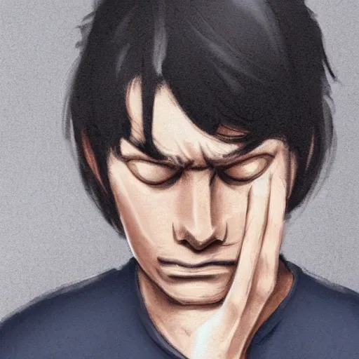 Prompt: a guy with a grey shirt with long sleeves and dark blue jeans with tears coming out of his eye, black hair and with no facial hair, highly detailed, great quality, photo - realistic )