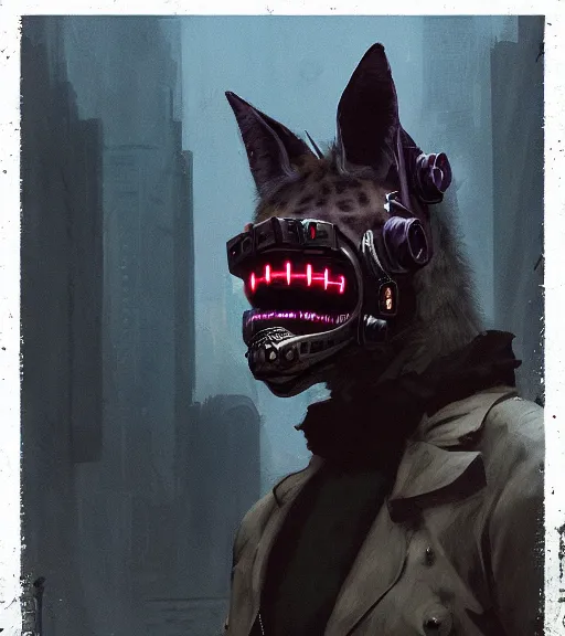 Image similar to new york city portrait of furry anthro anthropomorphic spotted hyena head animal person fursona wearing clothes strange cybernetic muzzle gloomy rainy screenshot from the video game cyberpunk 2077 digital art by Greg Rutkowski, Simon Stalenhag, christopher nolan trending on Artstation, CGSociety