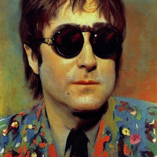 Image similar to portrait of elton john lennon looking to the side in 1 9 7 0 by ilya repin