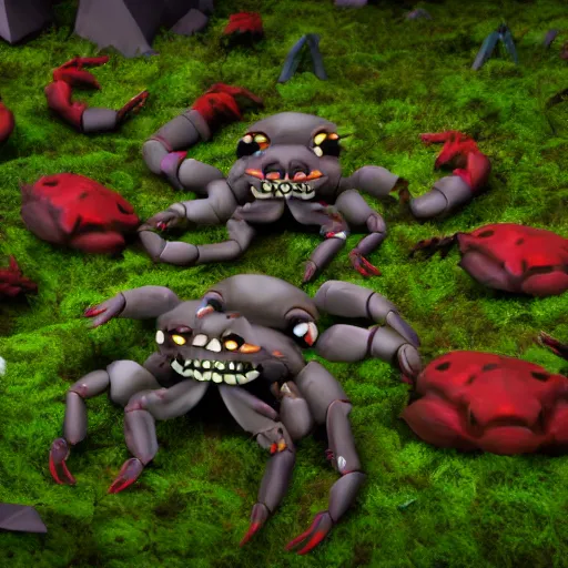 Image similar to voidless of the festival!, The Graveyard!!, large group of crabs and worms, crawling along a bed of moss, low poly, creeper world, handcrafted, artstation, hyperrealistic, hard light, best practices, creeptastic, photorealism, macro perspective, cuddly