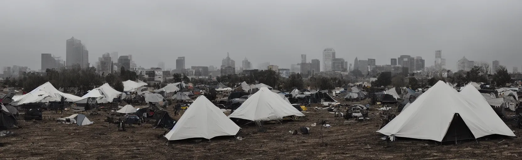 Image similar to cloudy, grey skies, american knights, tent camp in foreground, fortress city of office buildings in background upon hill, post apocalyptic, grungy