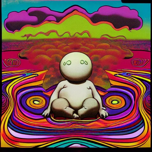 Image similar to psychedelic album art from the 7 0 s of a marshmallow creature sitting in the sun melting