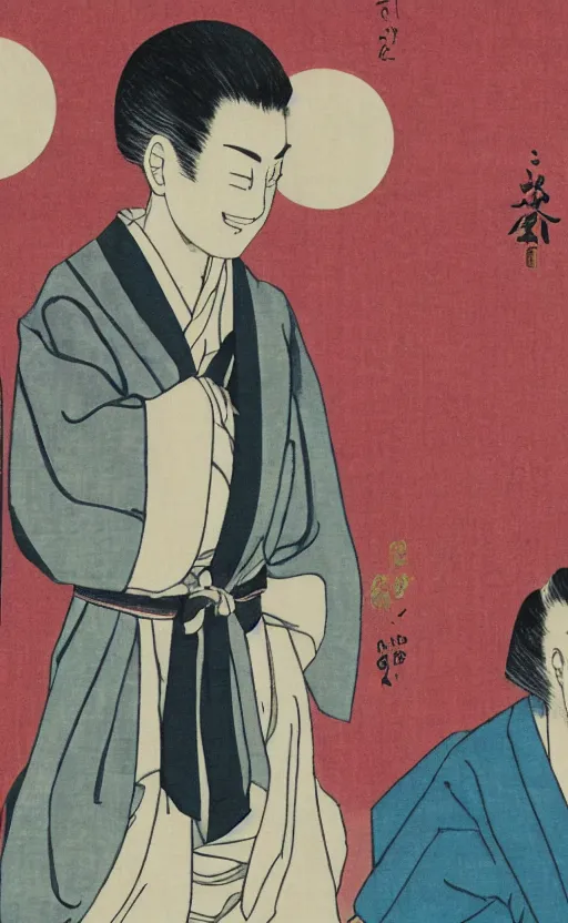 Image similar to by akio watanabe, manga art, the curtain of a rakugo theatre, the show is about to begin, trading card front, sun in the background