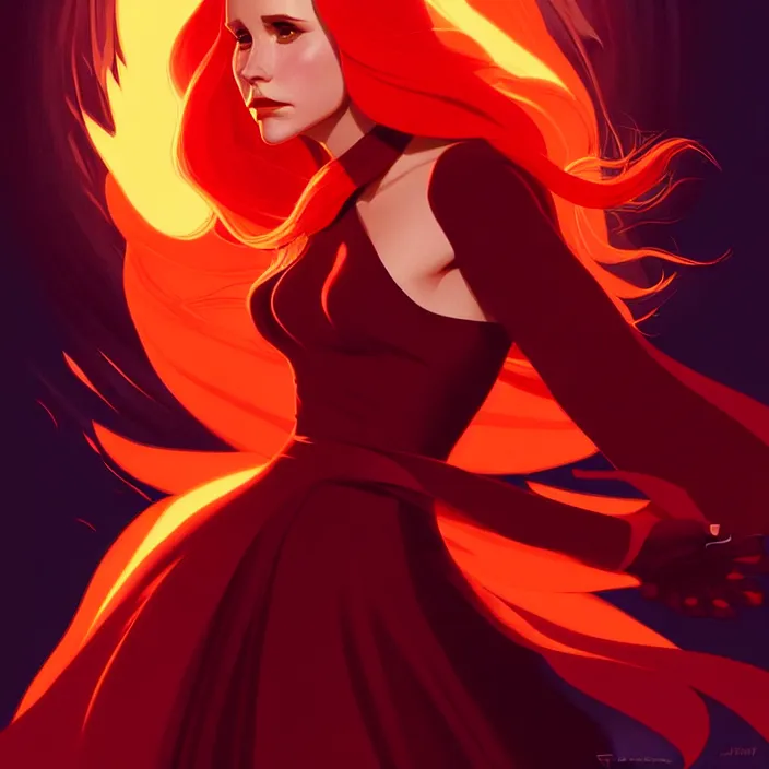 Image similar to style artgerm, joshua middleton, diego fazio, beautiful kristen bell with dark red dress, very long orange hair, symmetrical face, symmetrical eyes, fire powers fire swirling, detailed, volcano setting, cinematic lighting