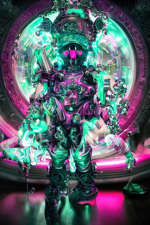 Image similar to full-body rococo and cyberpunk style neon statue of a young attractive portugues macho dotado android reclining sim roupa con piroca, glowing white laser eyes, prince crown of pink gears, diamonds, swirling silver-colored silk fabric. futuristic elements. full-length view. space robots. human skulls. intricate artwork by caravaggio. Trending on artstation, octane render, cinematic lighting from the right, hyper realism, octane render, 8k, depth of field, 3D