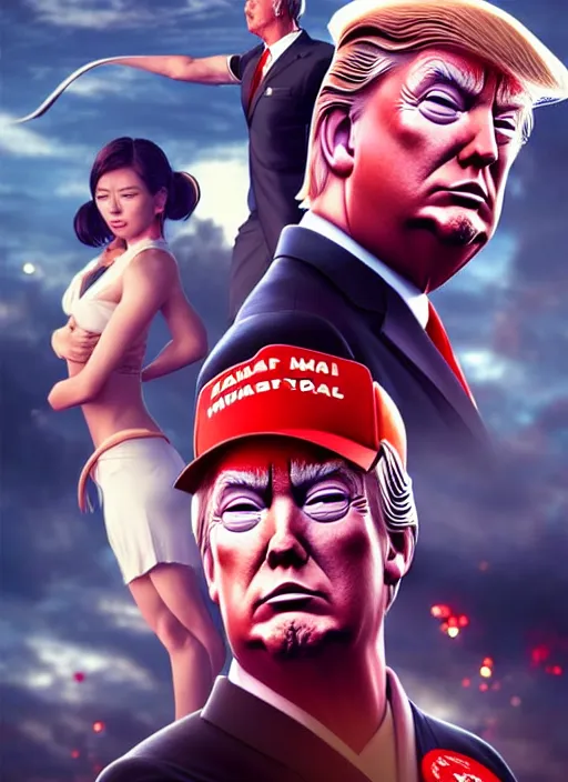 Image similar to donald trump!!!! martial artist!! movie poster, character concept art, sharp focus, octane render! unreal engine 5! highly rendered!! trending on artstation!! detailed linework!! illustration by artgerm, wlop, and chie yoshii