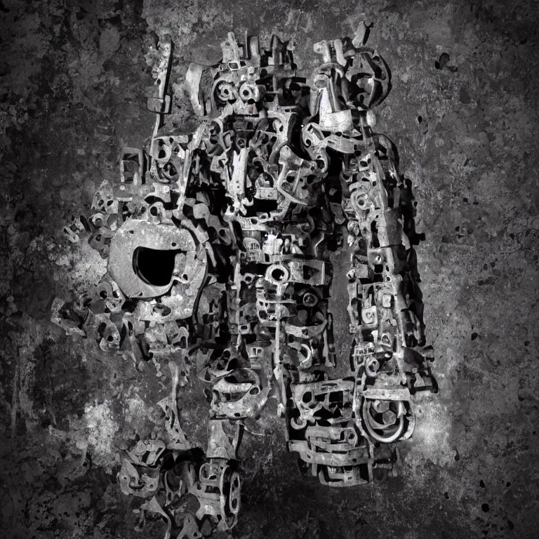 Image similar to photograph of a stylized worn down and broken endoskeleton that has been built by scott cawthon and chuck e cheese, rain, dense fog, alleyway, volumetric lighting, f 8 aperture, cinematic eastman 5 3 8 4 film