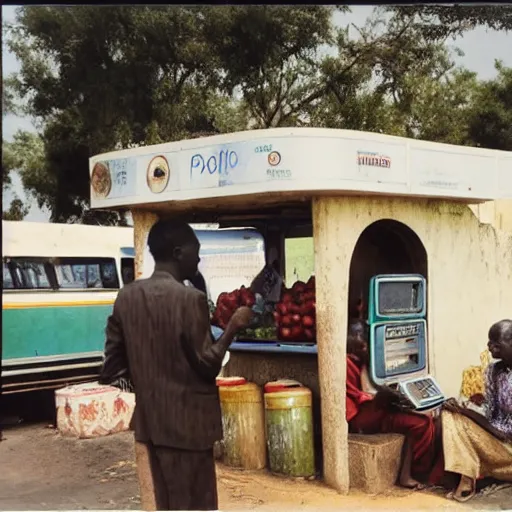 Prompt: old polaroids of futuristic african bus stops with informal sellers and digital screens, women selling fruit