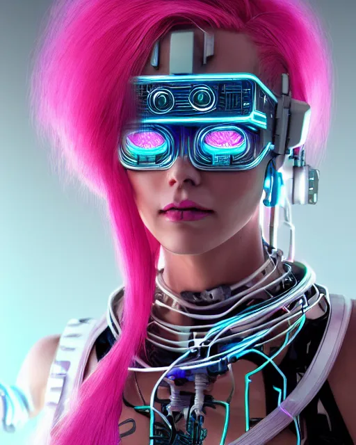 Image similar to portrait of a beautiful peruvian woman with pink hair as a cyberpunk cyborg half robot, revealing wires and electronics, hooked - up, sci - fi, missing panels, intricate abstract upper body intricate artwork, concept art, octane render, deviantart, cinematic, key art, hyperrealism, iridescent accents, portrait photograph, nikon 3 5 mm, photograph by greg rutkowski