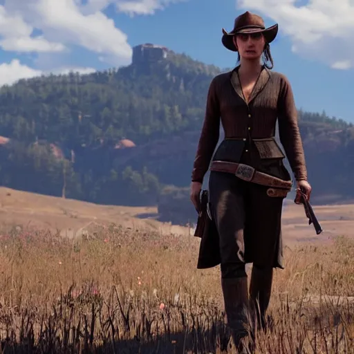 Prompt: natalie portman in red dead redemption 2, character render, full body shot, highly detailed, in game render