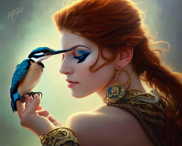 Prompt: eye makeup inspired by a kingfisher, deep focus, d & d, fantasy, intricate, elegant, highly detailed, digital painting, artstation, concept art, matte, sharp focus, illustration, hearthstone, art by artgerm and greg rutkowski and alphonse mucha