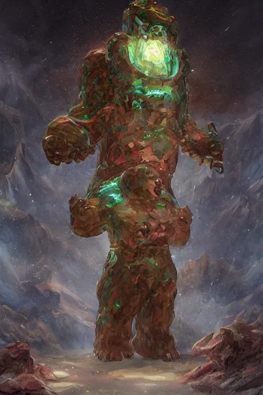 Image similar to a man stand in front of a Crystal Golem, Fantasy Art