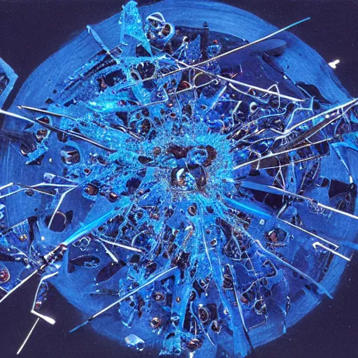 Prompt: blue crystal exploding, 4k (blue)!!, double exposures on 35mm film!, scissor people, scalier skin for moisture retention, adapted to a drier climate, Genetic isolation with different environmental pressures yields a variant of yautja by michael vincent, x-chromosome pair of steel scissors joined in the center, alien anatomyArt by Joel peter Witkin, upcycled scissors modified into a ornate crib, art by hr Geiger, art by Brom, art by Todd McFarlane, 8k concept art, low poly, cinematic, horror, monsters, fur, shadows, full color, best practice, creature, cinematographic, cinematic, hyper realistic, detailed, 8k, octane render.