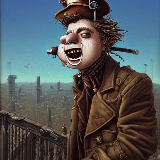 Image similar to a hyperrealistic painting of a steampunk sid vicious, blue skies, by john kenn mortensen, highly detailed,