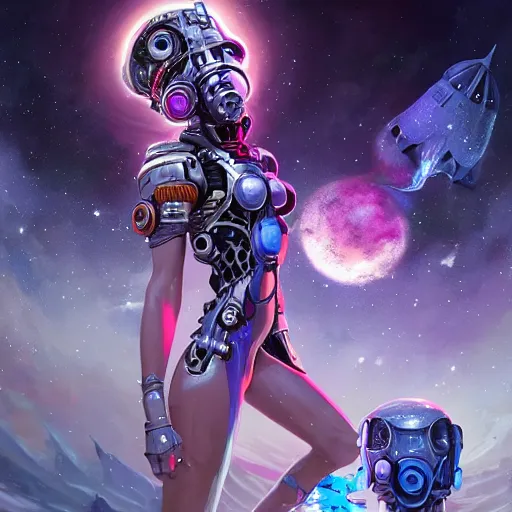 Prompt: fashion photoshoot of Adhel Bol in space suit, beautiful cybernetic queen, black woman, epic cosmos and nebula in the background, cyberpunk concept art by pete mohrbacher and wlop and artgerm josan gonzalez and syd mead, digital art, highly detailed, intricate, sci-fi, sharp focus, Trending on Artstation, unreal engine 5, 4K UHD image