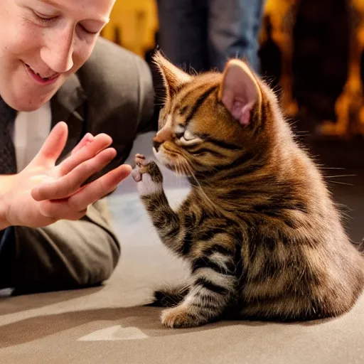 Prompt: animatronic Mark Zuckerberg petting a kitten, exposed mechanics, photo, Stan Winston studios, detailed, 4k