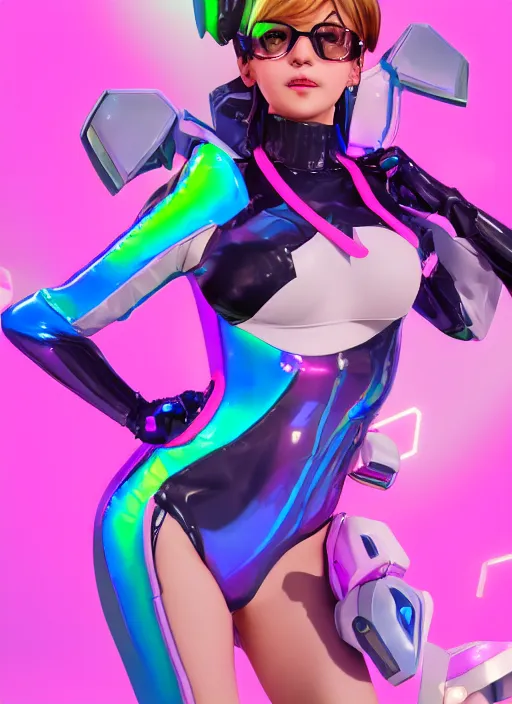 Prompt: full body digital artwork of dva overwatch, wearing iridescent rainbow latex bikini, 4 k, expressive happy smug expression, makeup, in style of mark arian, wearing detailed pink leather collar, wearing chains, detailed face and eyes,