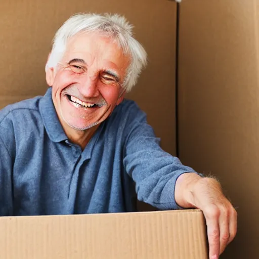 Image similar to an smiling old man hiding in a box