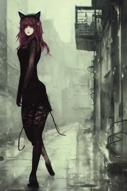 Image similar to woman with cat ears wearing a black lace dress and thigh highs walking in a depressing soviet city, expressive oil painting, digital anime art, highly detailed, character art, beautiful face, by yoshitaka amano, by greg rutkowski, by conrad roset, volumetrics, octane render, rainy street