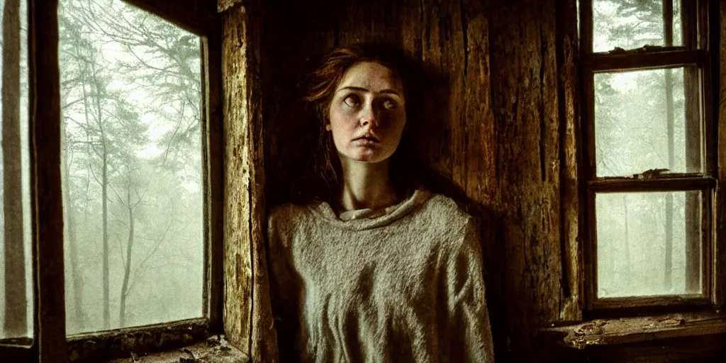 Image similar to portrait bust of young woman, tired expression, faded color film, russian cinema, tarkovsky, kodachrome, inside old cabin, next to window, heavy forest outside, long brown hair, old clothing, heavy fog, brown color palette, hudson river school, 4 k, dramatic lighting, greg rutkowski