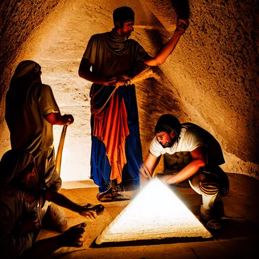 Image similar to egyptian workers wearing ancient clothing building the pyramids, historical reenactment, incredibly detailed, dramatic lighting, cinematic lens flare, 3 5 mm digital photo