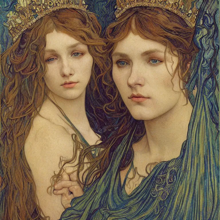 Image similar to detailed realistic beautiful young medieval queen face portrait by jean delville, alphonse mucha, vincent van gogh, and marco mazzoni, art nouveau, symbolist, visionary, gothic, pre - raphaelite
