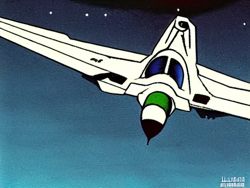 Image similar to a scifi illustration of a fururistic fighter jet. flat colors, limited palette in FANTASTIC PLANET La planète sauvage animation by René Laloux