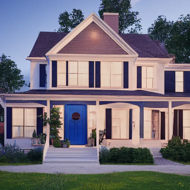 Prompt: modern new england colonial house with a round blue door, brick cape house, realistic, unreal engine render, octane render, hyper realistic, photo, 8 k