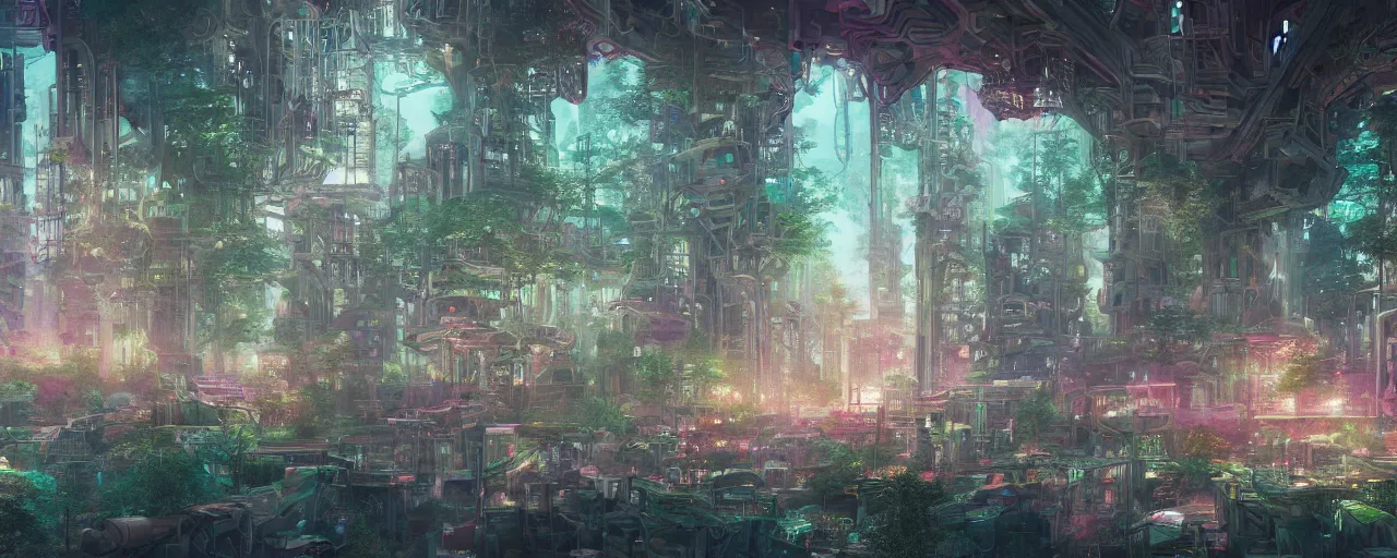 Prompt: detailed concept art illustration colorful pastel painting of a sci-fi forest city in full intricate detail, ultra detailed, digital art, octane render, 4K, dystopian, micro details