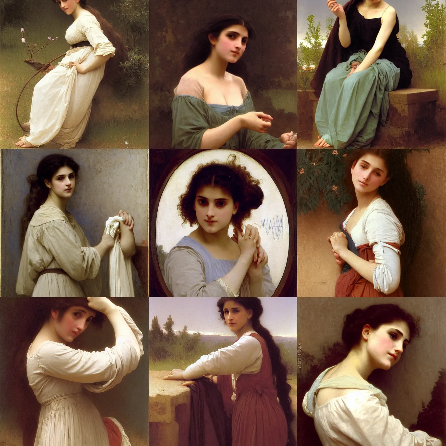Prompt: portrait by william adolphe bouguereau of a confused beautiful young woman in medieval clothes who is pulling her clothes, she is looking down at her clothes, surprised expression, pulling her clothes with her hands, detailed face