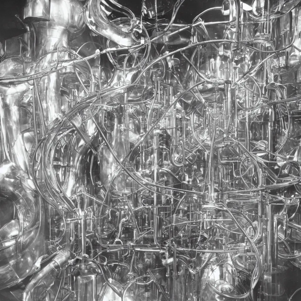 Prompt: Close-up of an organic extraction machine with transparent pipes working the ground in dust and iridescent oil, Bernd and Hilla Becher, David Cronenberg