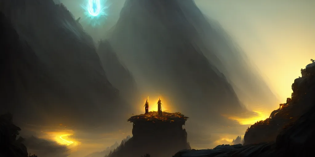 Image similar to god of light fighting against god of dark in a dark valley, nighttime, extremely detailed digital painting, in the style of fenghua zhong and ruan jia and jeremy lipking and peter mohrbacher, mystical colors, rim light, beautiful lighting, 8 k, stunning scene, raytracing, octane, trending on artstation