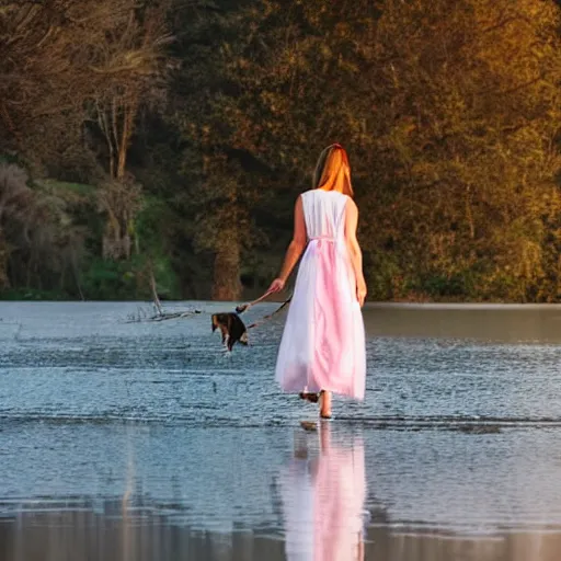 Prompt: a beautiful girl wearing white dresses beautiful face, clear facial features, walking with a dog, john martin landscape lake evening, pastel pink and blue colors