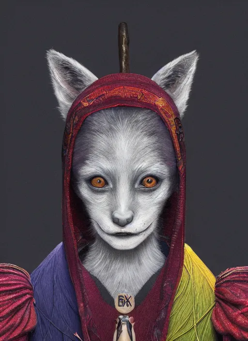 Image similar to an anthropomorphic beautiful female wizard portrait made of fox holding a staff wearing colourful robe, fine art, award winning, intricate, elegant, sharp focus, octane render, hyperrealistic, cinematic lighting, highly detailed, digital painting, 8 k concept art, art by jamie hewlett and z. w. gu, masterpiece, trending on artstation, 8 k